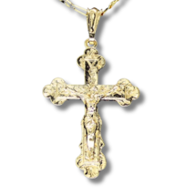 Crucifix Pendant 14k Gold Plated 20&quot; Figaro Chain Men Women Religious Chain - £7.57 GBP
