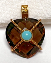 18Kt Gold Wrapped Smokey Quartz w Turquoise Pendant 1&quot; Drop Faceted Stunning - £435.24 GBP
