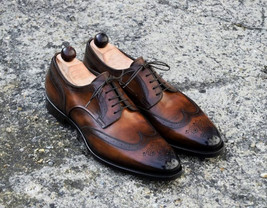 Two Tone Oxford Shoes Coffee Brown Burnished Brogue Toe Premium Quality Leather  - £102.14 GBP