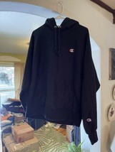 VTG Y2k CHAMPION Reverse Weave Ski Logo Black Pullover Sweatshirt Hoodie L 90s - £35.61 GBP