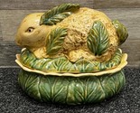 Majolica-Style Bunny Rabbit + Cabbage Leaves Ceramic Covered Dish - Vint... - £26.50 GBP
