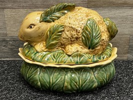 Majolica-Style Bunny Rabbit + Cabbage Leaves Ceramic Covered Dish - Vint... - £26.56 GBP