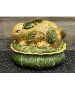 Majolica-Style Bunny Rabbit + Cabbage Leaves Ceramic Covered Dish - Vintage! - $33.85