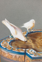 DIBUJO DE PALOMAS BEBIENDO. PINTURA DE PALOMAS. CUADRO DE PALOMAS. - $450.42 CAD