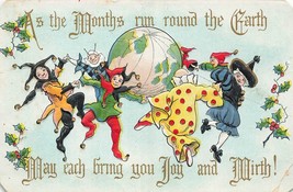 Months Run Around The EARTH-JESTERS-CLOWN-WITCH~1911 Lubrie &amp; Elkins Postcard - £7.72 GBP