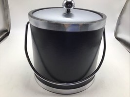 Kraftware Ice Bucket Black Leatherette Silver 3 Quart Drop Handle 7.5&quot; Vintage - £19.43 GBP