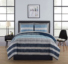 Queen Bed in a Bag 7-Piece Comforter Bedding Set Sheets Blue Gray White Stripes - £40.27 GBP