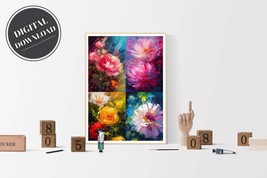 PRINTABLE wall art, Inspired Flower Oil Painting Print, Portrait | Download - £2.74 GBP