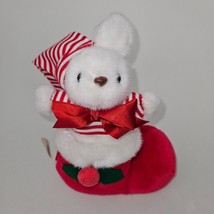 VTG Plush Factory 9&quot; Christmas Decor White Bunny In Red Stocking - £29.57 GBP