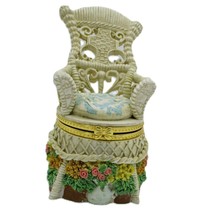 Wicker Chair Resin Trinket Box With Floral Accents &amp; Bow Clasp Design - $9.90
