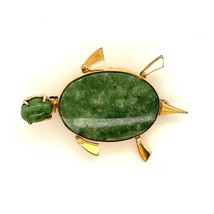 Vintage 12K Gold Filled Signed WRE Inlay Nephrite Jade Stone Turtle Shape Brooch - £38.19 GBP