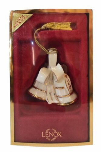 Lenox Our First Christmas 2002 Bells Ornament Ivory Gold Trim Tassle Box Annual - $23.95