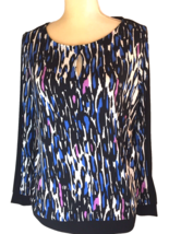 Worthington Blouse Top size PM ikat print exposed zipper blue &amp; black Pe... - $8.91