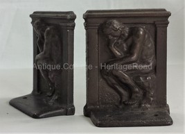 Set Antique The Thinker Cast Iron Metal Bookends 5&quot;x4&quot; Auguste Rodin Heavy - £36.95 GBP