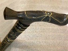 Ebony Carving Wood Canes Walking Sticks Inlaid Yellow Copper - £215.00 GBP