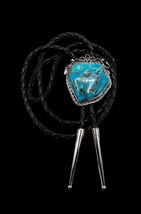 Vintage Navajo Handmade Sterling Silver Natural Blue Turquoise Leather Bolo Tie - £279.71 GBP