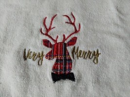 Christmas Hand Dish Towel Embroidered Plaid Reindeer Cotton 11x16 - £7.58 GBP