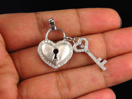 14K White Gold Finish Heart Shaped Lock and Key Beautiful Pendant Sim Diamonds - £73.54 GBP