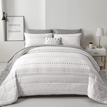 WONGS BEDDING Boho Comforter Set King Size,7 Pieces Grey White Geometric Bohemia - £79.21 GBP