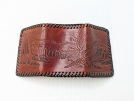 Vintage Leather Wallet Hand Tooled Hunting Dog Pheasant Bird Brown Trim Bifold - £31.65 GBP