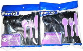 Heavy Duty Plastic Cutlery Set in Black - 32 Spoons, 32 Forks, 32 Knives - £18.37 GBP