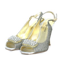 Twenty-One Womens 6 High Heels Slingback Gold Silver Rhinestones Peep Toe Shoes - £18.78 GBP
