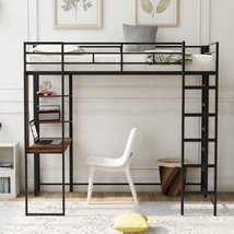 Twin Metal Loft Bed with 2 Shelves and one Desk ,BLACK - £255.33 GBP