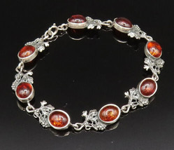 925 Sterling Silver - Vintage Cabochon Baltic Amber Leaf Chain Bracelet ... - £69.50 GBP