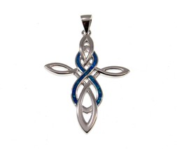 Solid 925 Sterling Silver and Blue Lab Opal Celtic Cross &amp; Infinity Knot Pendant - £22.14 GBP