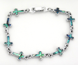Silver Tone Cross Bracelet with Blue Green Abalone S-80 - £7.90 GBP