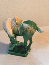 Vintage Small Signed Green &amp; Yellow Glaze Detailed Horse Licking Hoof Figurine  - £22.16 GBP