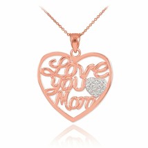 14K Rose Gold Diamond Heart &quot; Love You Mom &quot; Pendant Necklace Mother&#39;s Day Gifts - £163.36 GBP+