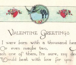 Valentine Greetings Antique Postcard Unposted Bird Trees Heart Flowers - $8.95