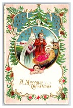 Nativity Scene Christmas Tree Pine Border Merry Christmas Embossed Postcard U11 - £3.85 GBP