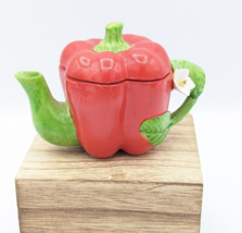 Ceramic Mini Tea Pot Red &amp; Green Bell Pepper Green Leaf Handle With Whit... - $7.86