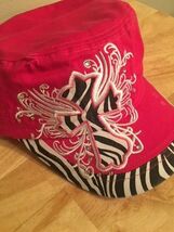 Ladies Hot Pink &amp; Zebra Painter's Cap Cross Rhinestones Bling Distressed - $16.00
