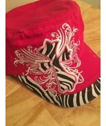 Ladies Hot Pink & Zebra Painter's Cap Cross Rhinestones Bling Distressed - $16.00