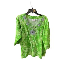Quacker Factory Womens Size 2X 3/4 Sleeve Gen7B Green Knit Top Shirt Embellished - £17.40 GBP