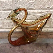 MCM Large Rust orange Swirl Art Glass Blown Center Piece Swan Bowl 9” x 13” - $30.29