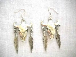 Buffalo Skull with 2 Feathers Southwestern Dream Catcher Style Pewter Earrings - $19.99