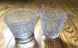 Vintage Clear Pressed Glass Scroll Work Creamer &amp; Sugar Bowl Pair Set - £22.20 GBP