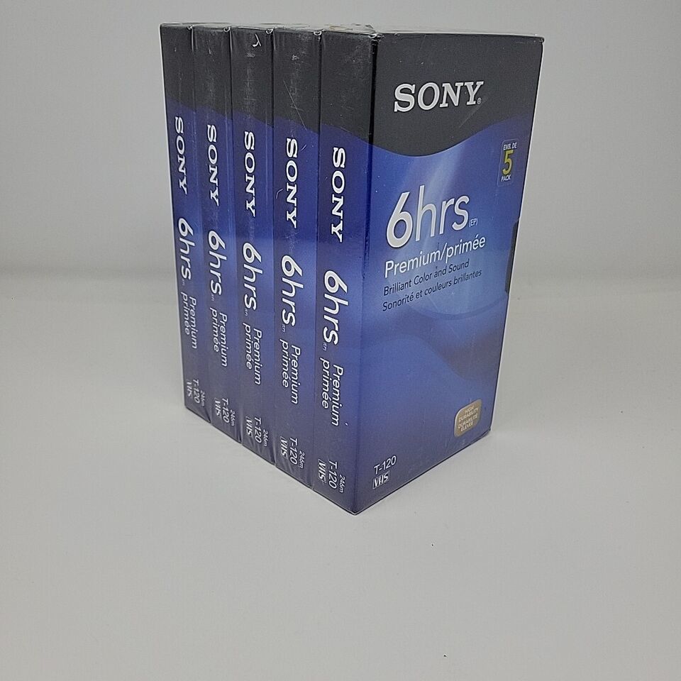 Primary image for Lot 5 Sony T-120 Blank VHS VCR Premium Grade Video Tapes 6 Hrs each New Sealed
