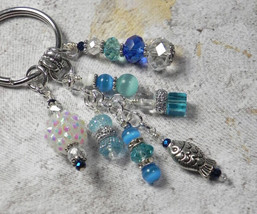 Fish Beach Crystal Glass Beaded Handmade Keychain Split Key Ring Blue Silver - £14.69 GBP