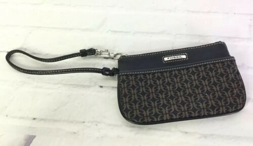 Fossil All Over Print Leather Fabric Wristlet Wallet Coin Black Brown Zip Strap - $13.85