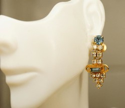 VINTAGE Costume Jewelry Art Deco Clear Blue Rhinestone Gold Tone Dangle ... - $19.79