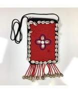 Red Blue Beaded Crossbody Purse w/ Shells Cross Body Strap Bag Tassles B... - $28.13 CAD