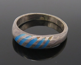 MEXICO 925 Silver - Vintage Inlaid Turquoise Striped Band Ring Sz 4.5 - RG10778 - £25.83 GBP