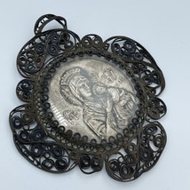 Antique Mary &amp; Child Necklace Pendant Curled Metal 2&quot; MP OY Mother Of God - £86.67 GBP