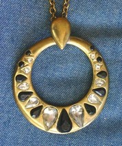 Elegant Black &amp; Crystal Rhinestone Gold-tone Pendant Necklace 1980s vint... - $12.95