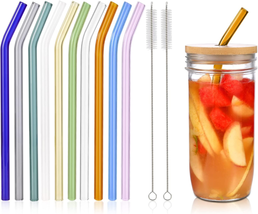 10 Pcs Reusable Bent Glass Drinking Straws,9&#39;&#39;X10 Mm Colorful Glass Straws  - £10.36 GBP